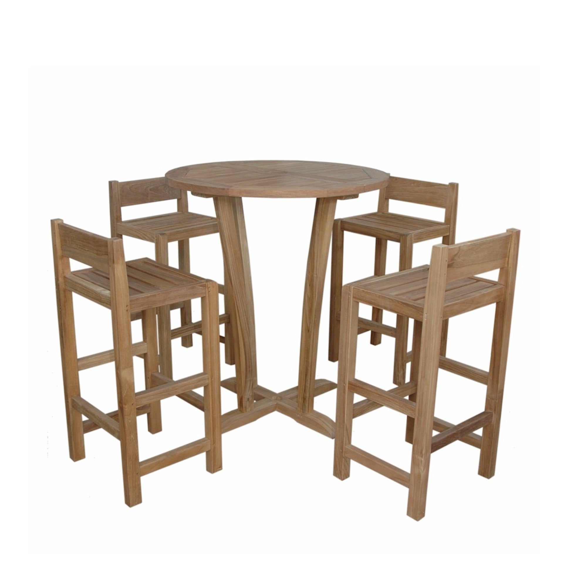 Wooden dining set with a round table and four matching chairs on a white background