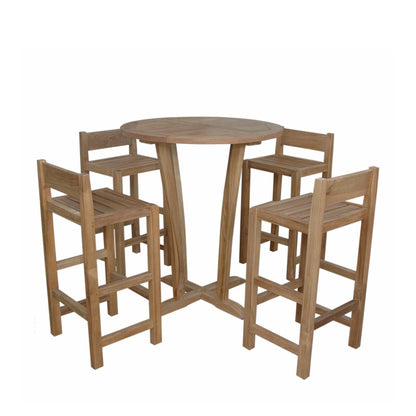 Wooden dining set with a round table and four matching chairs on a white background