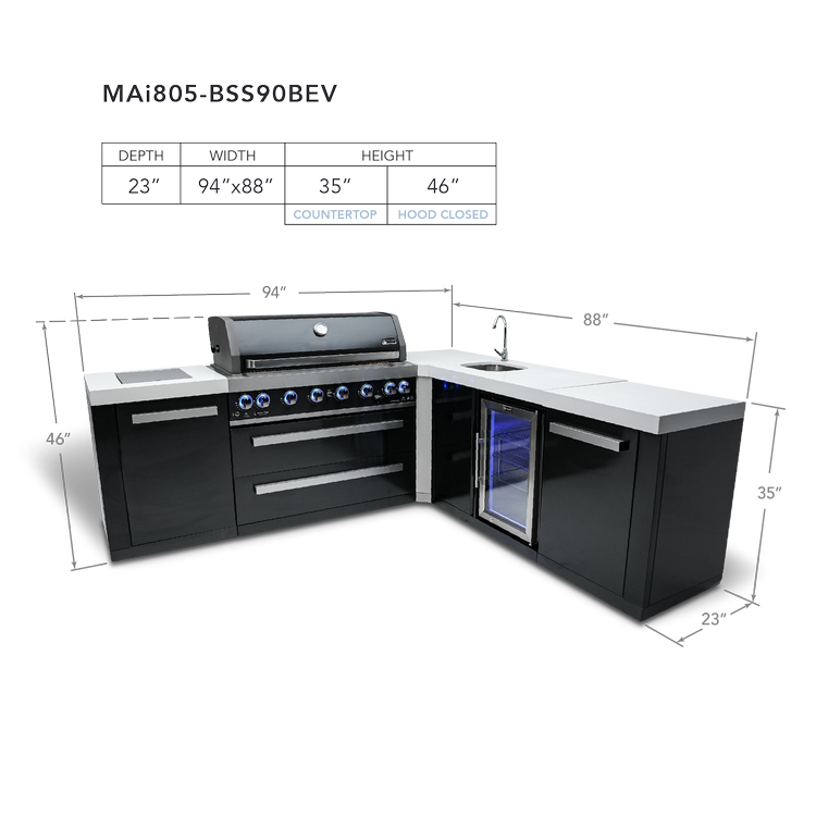 Mont Alpi 805 L-Shaped Black Stainless Steel Island with Beverage Center, 6-Burner Grill, Sink and Fridge - MAi805-BSS90BEV