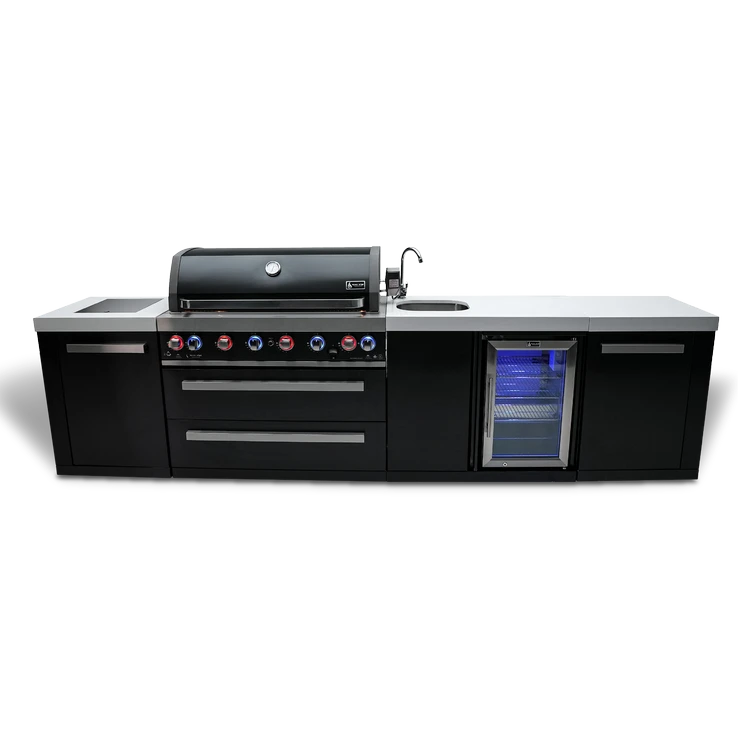 Mont Alpi MAi805-BSSBEV 10ft black stainless steel BBQ island 6 burner grill fridge front view