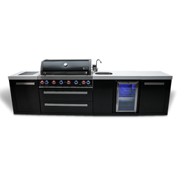 Mont Alpi 10 Foot Black Stainless Steel BBQ Island with 6 Burner Gas Grill, Sink, Fridge and Infrared Side Burner - MAi805-BSSBEV