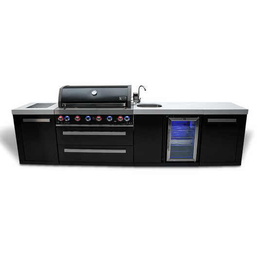Mont Alpi MAi805-BSSBEV 10ft black stainless steel BBQ island 6 burner grill fridge front view