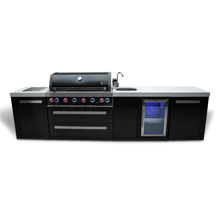 Mont Alpi 10 Foot Black Stainless Steel BBQ Island with 6 Burner Gas Grill, Sink, Fridge and Infrared Side Burner - MAi805-BSSBEV