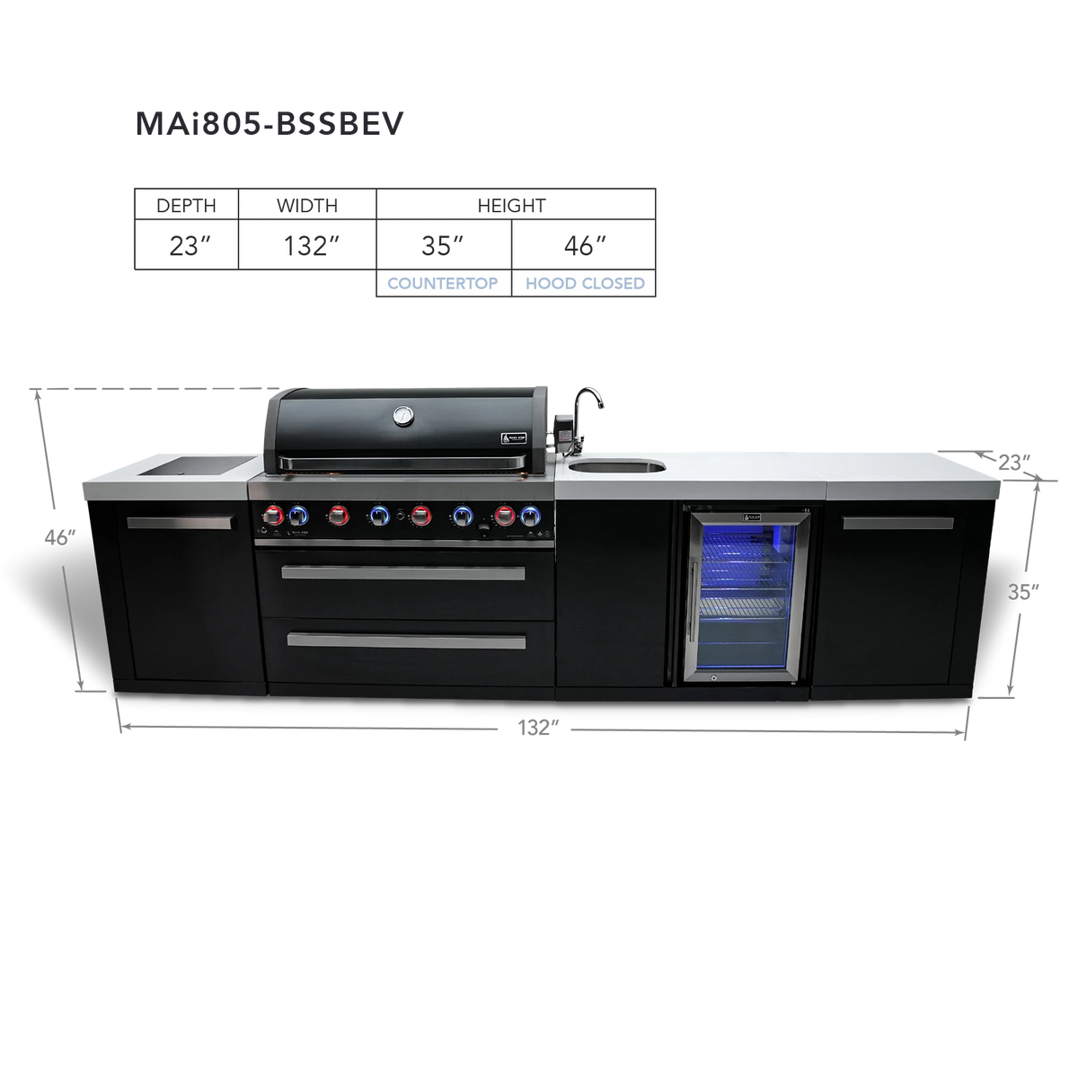 Mont Alpi MAi805-BSSBEV BBQ island dimensions 132x23x46 inches with beverage center diagram