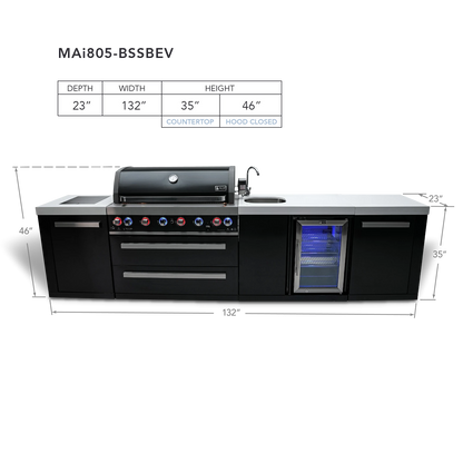 Mont Alpi MAi805-BSSBEV BBQ island dimensions 132x23x46 inches with beverage center diagram