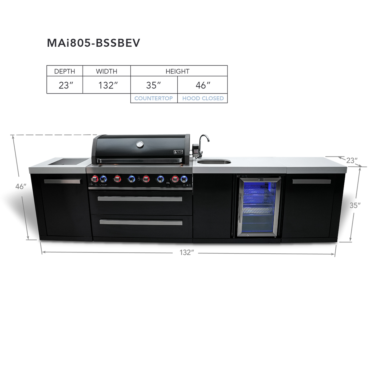 Mont Alpi 10 Foot Black Stainless Steel BBQ Island with 6 Burner Gas Grill, Sink, Fridge and Infrared Side Burner - MAi805-BSSBEV
