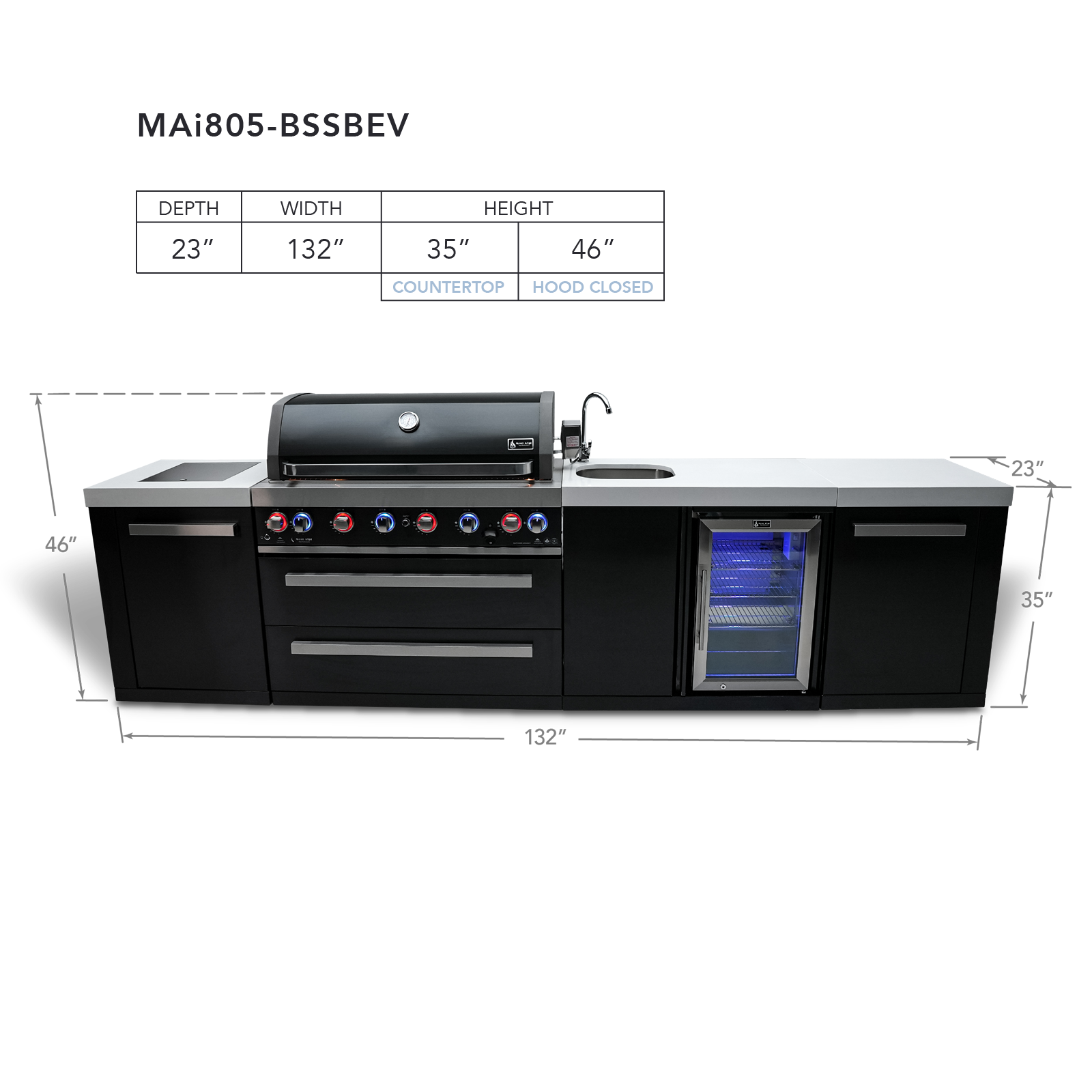Mont Alpi 10 Foot Black Stainless Steel BBQ Island with 6 Burner Gas Grill, Sink, Fridge and Infrared Side Burner - MAi805-BSSBEV