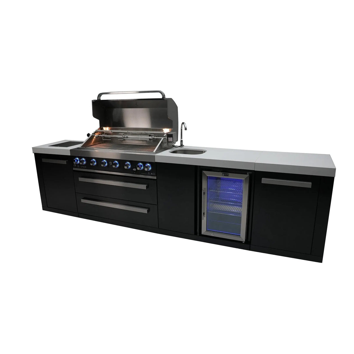 Mont Alpi MAi805-BSSBEV black stainless 6 burner grill island open hood with rotisserie