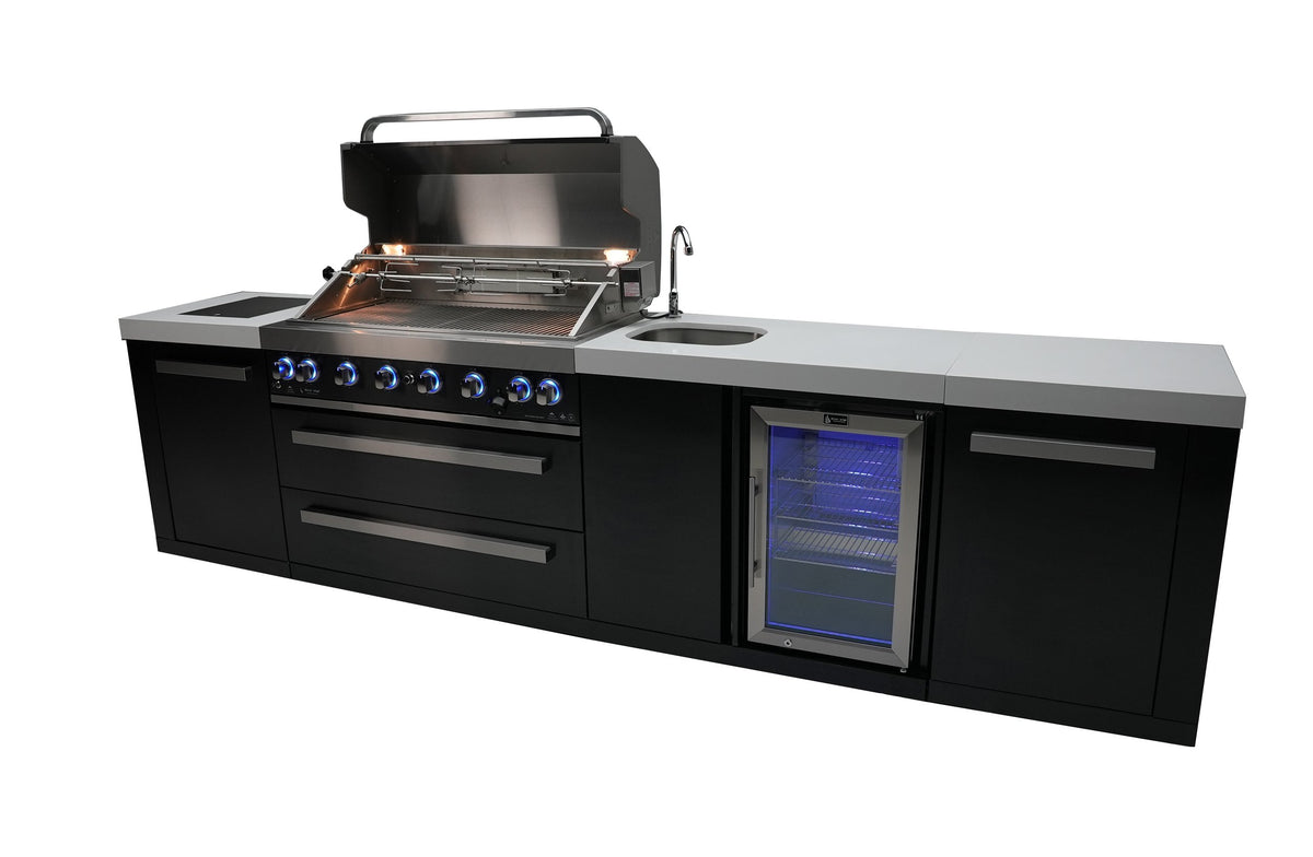 Mont Alpi 10 Foot Black Stainless Steel BBQ Island with 6 Burner Gas Grill, Sink, Fridge and Infrared Side Burner - MAi805-BSSBEV