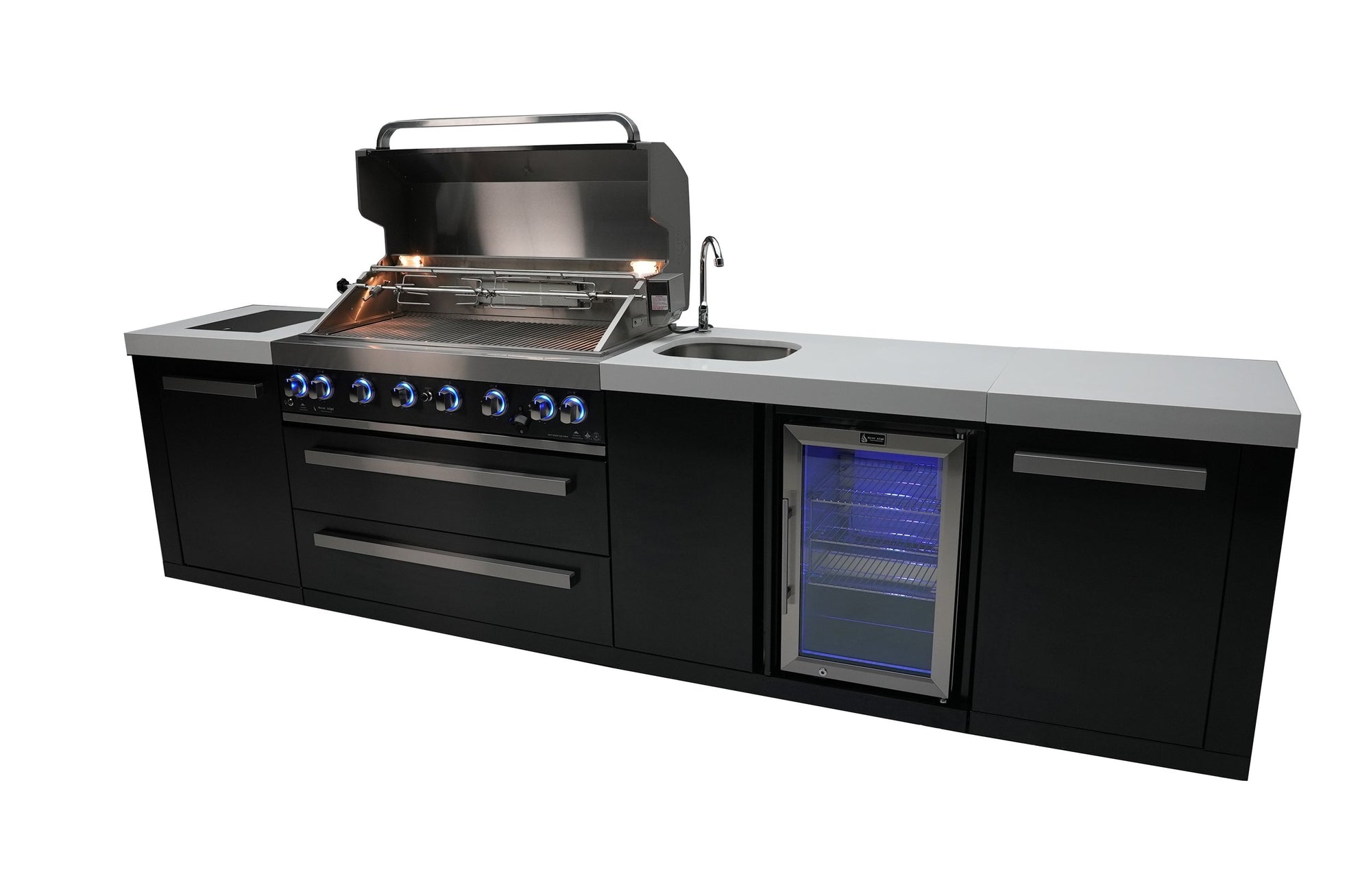 Mont Alpi 10 Foot Black Stainless Steel BBQ Island with 6 Burner Gas Grill, Sink, Fridge and Infrared Side Burner - MAi805-BSSBEV