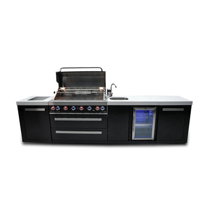 Mont Alpi MAi805-BSSBEV 10ft black stainless island open grill hood sink and fridge view