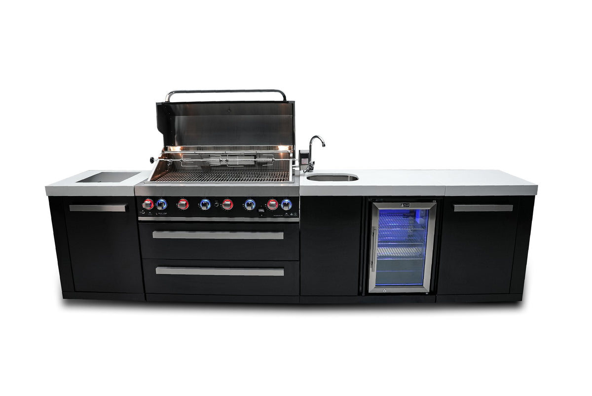 Mont Alpi 10 Foot Black Stainless Steel BBQ Island with 6 Burner Gas Grill, Sink, Fridge and Infrared Side Burner - MAi805-BSSBEV