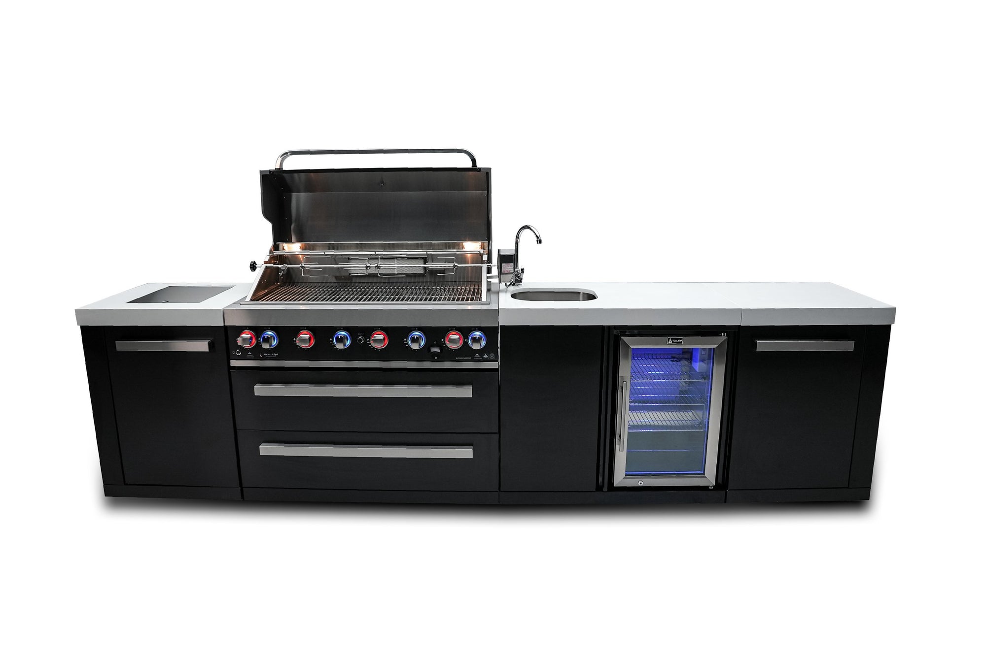 Mont Alpi 10 Foot Black Stainless Steel BBQ Island with 6 Burner Gas Grill, Sink, Fridge and Infrared Side Burner - MAi805-BSSBEV