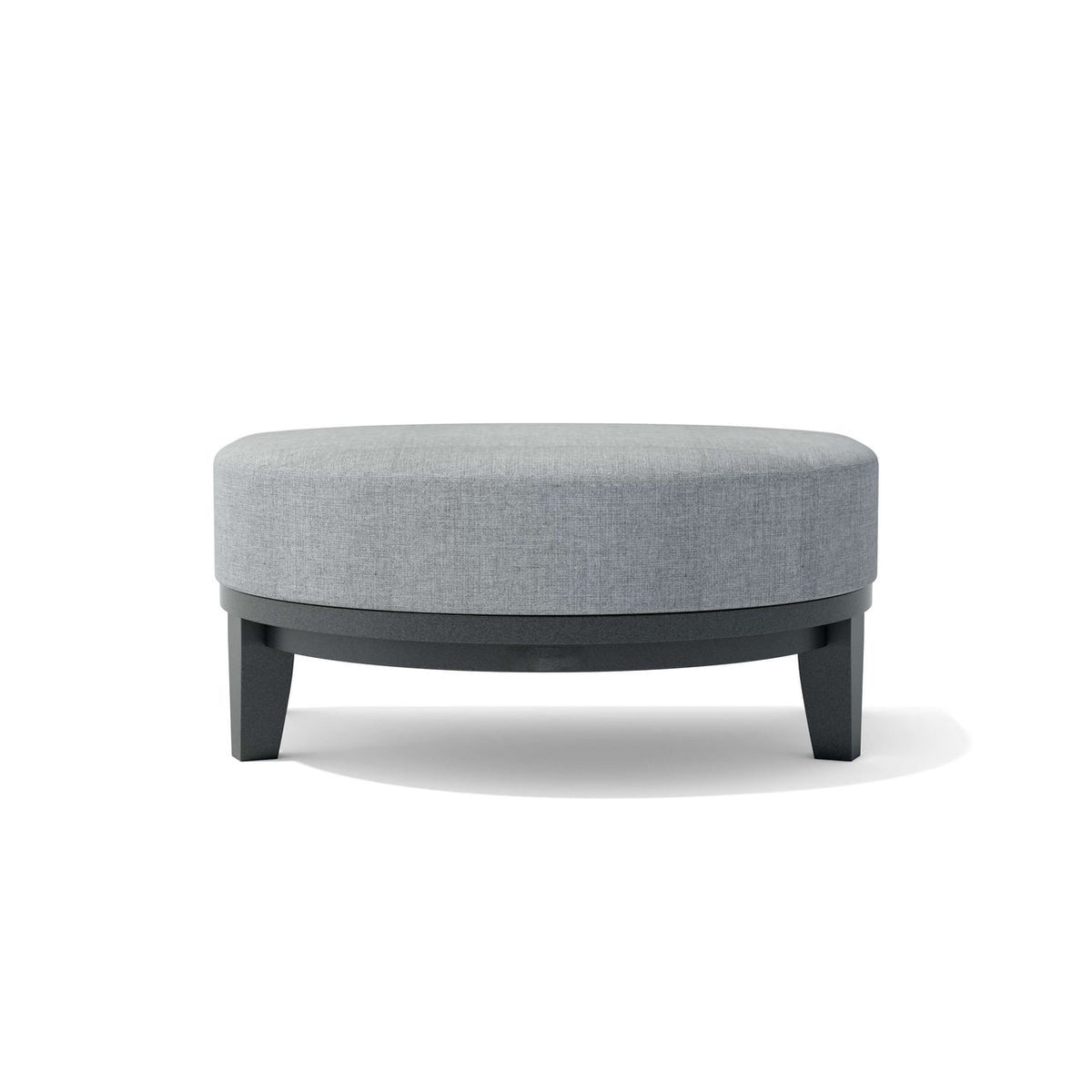 Gray upholstered ottoman with dark wooden legs on a white background