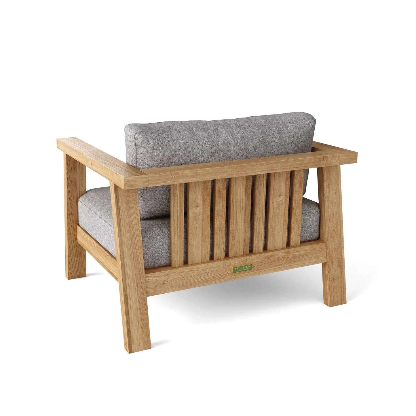 Wooden bench with gray cushions on a white background