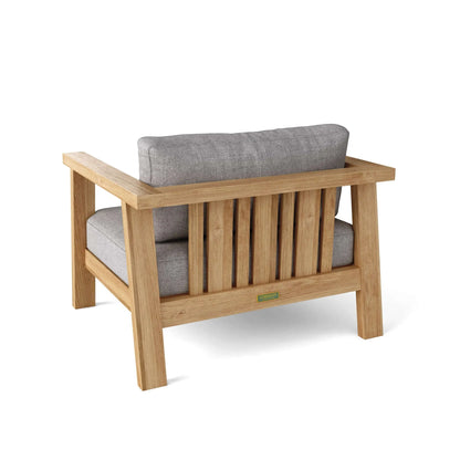 Wooden bench with gray cushions on a white background