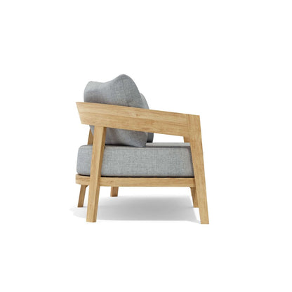 Wooden armchair with gray cushions on a white background