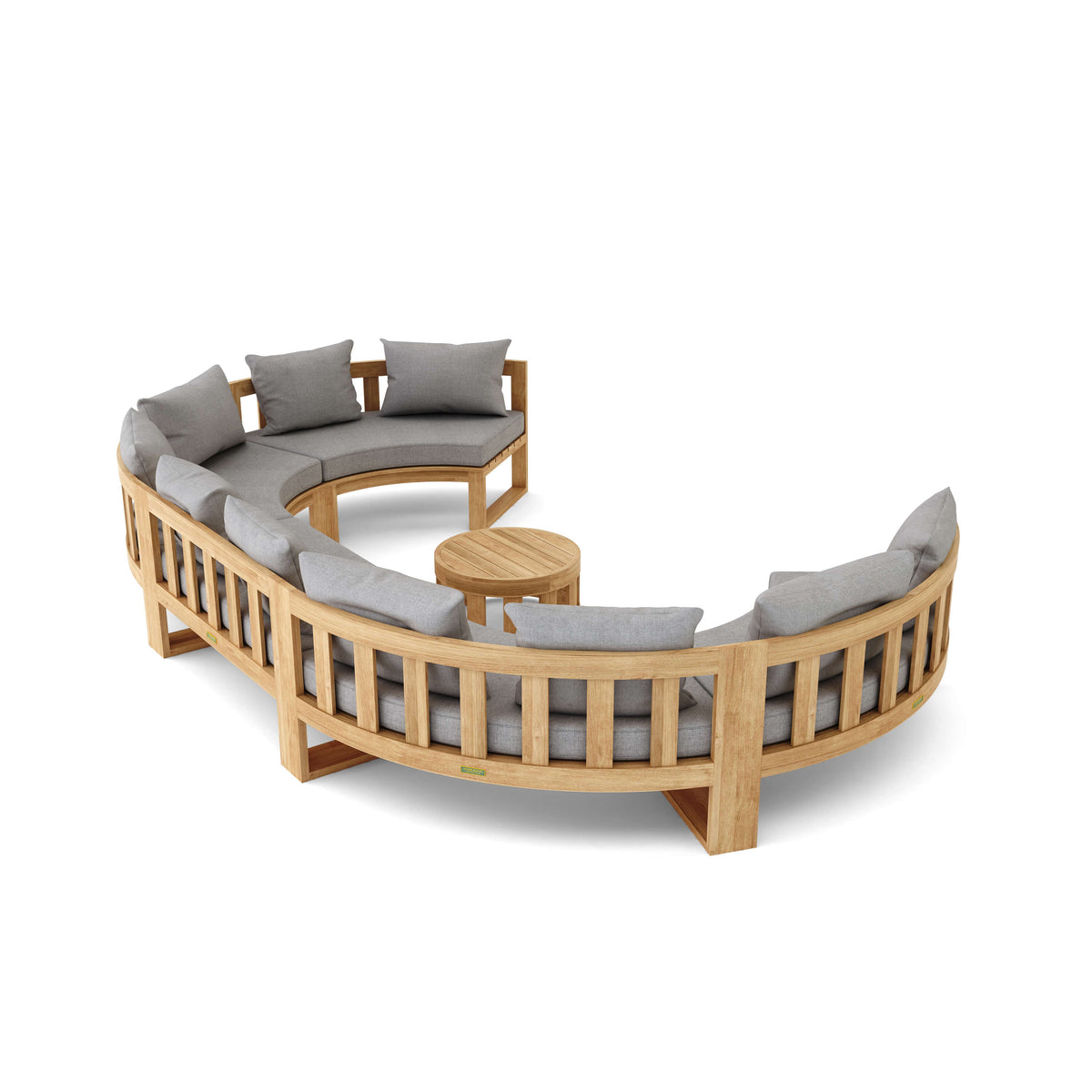 Curved wooden outdoor sofa with gray cushions on a white background