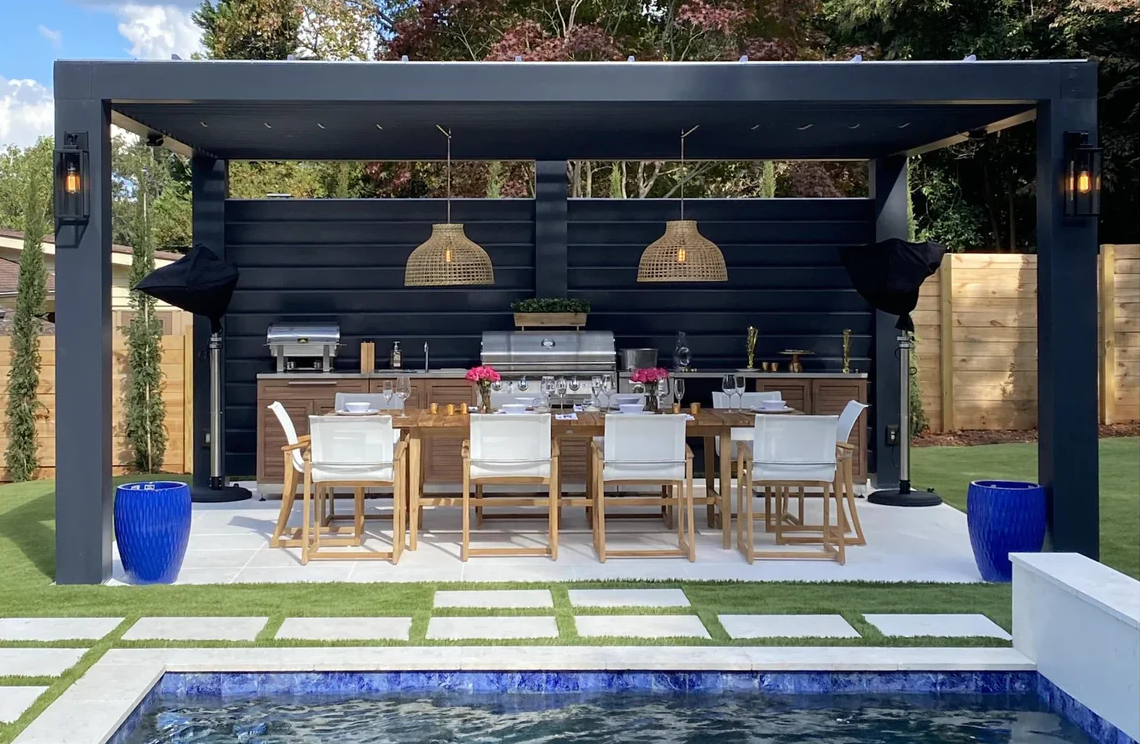 Customizable fiberglass pergola for outdoor kitchen shade planning