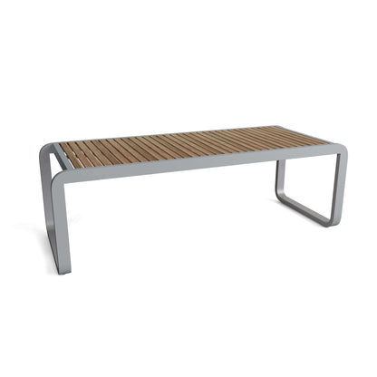 Modern coffee table with wooden slats and metal frame on a white background