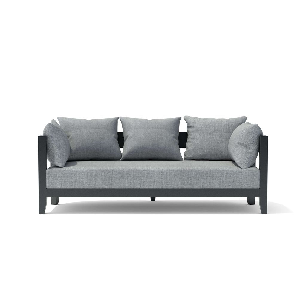 Gray sofa with four cushions on a white background