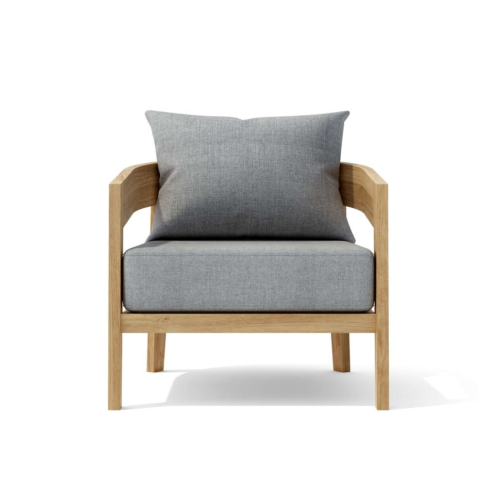 Chair with gray cushions and wooden frame on a white background