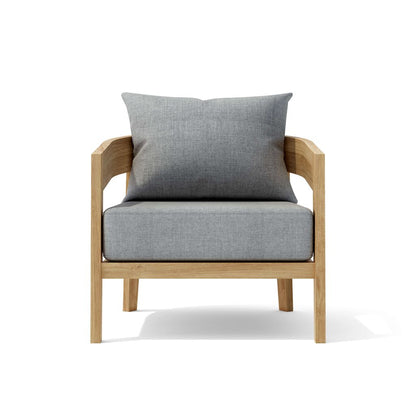 Chair with gray cushions and wooden frame on a white background
