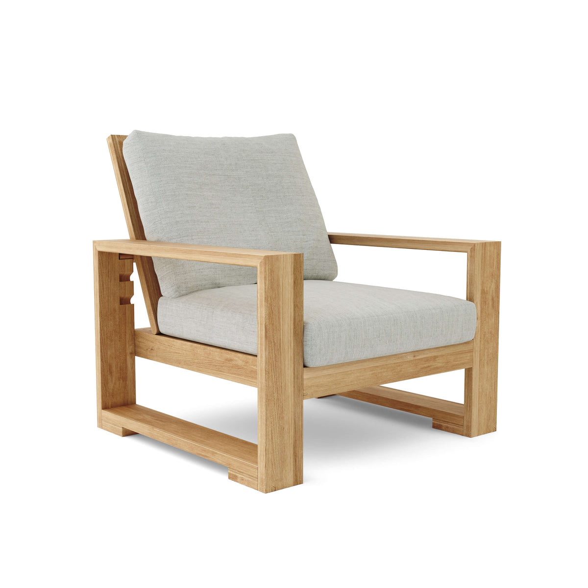 Wooden armchair with light gray cushions on a white background
