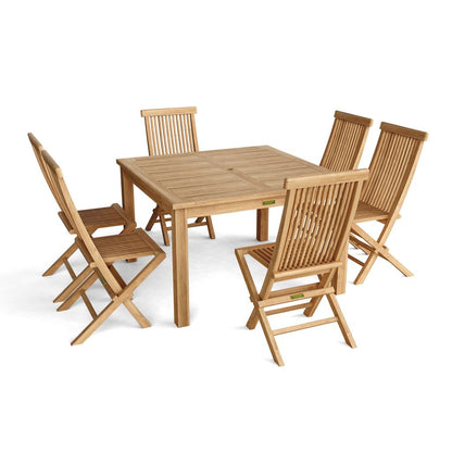 Wooden outdoor table with four matching chairs on a white background