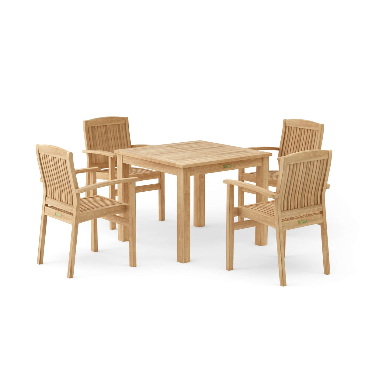 Wooden outdoor table with four matching chairs on a white background