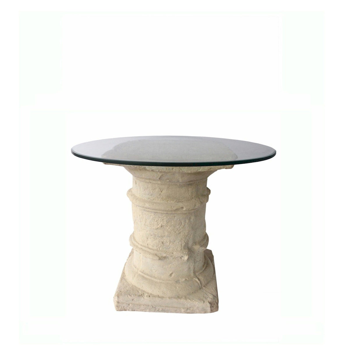Decorative table with a glass top and stone base on a white background