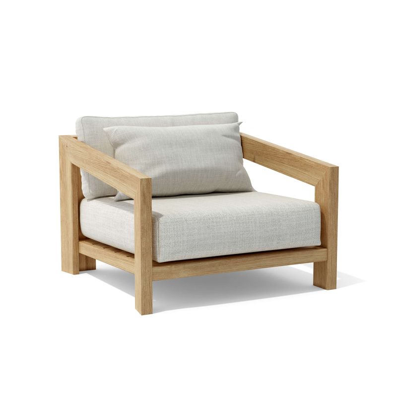 Wooden armchair with light gray cushions on a white background