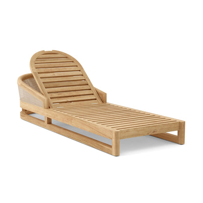 Wooden lounge chair with woven backrest on a white background