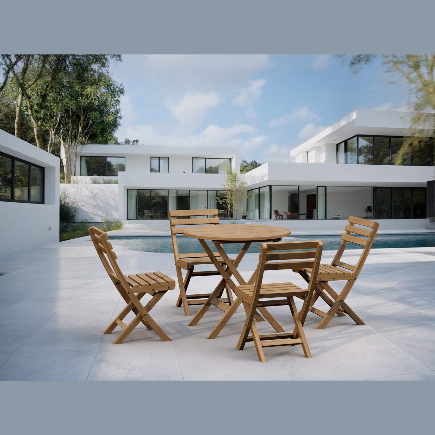 Wooden outdoor table and chairs in front of a modern house with a pool.