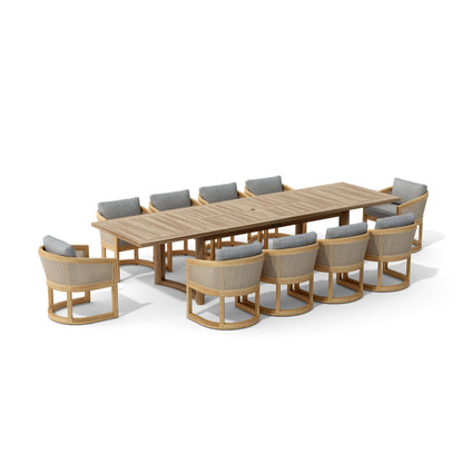 Outdoor furniture set with two large wooden tables and multiple chairs on a white background