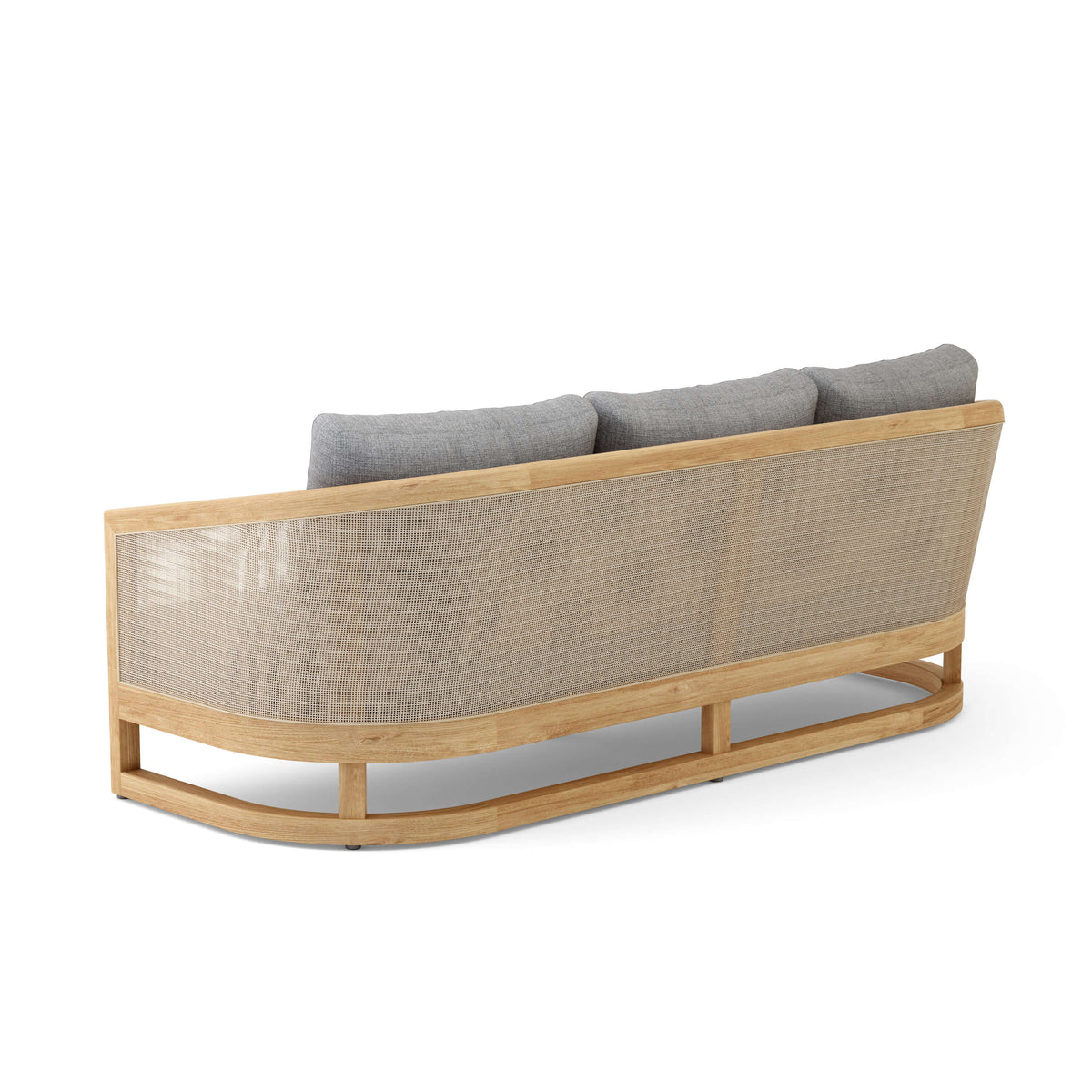 Wooden outdoor sofa with wicker backrest and gray cushions on a white background