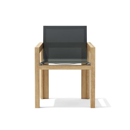 Chair with wooden frame and dark mesh back on a white background