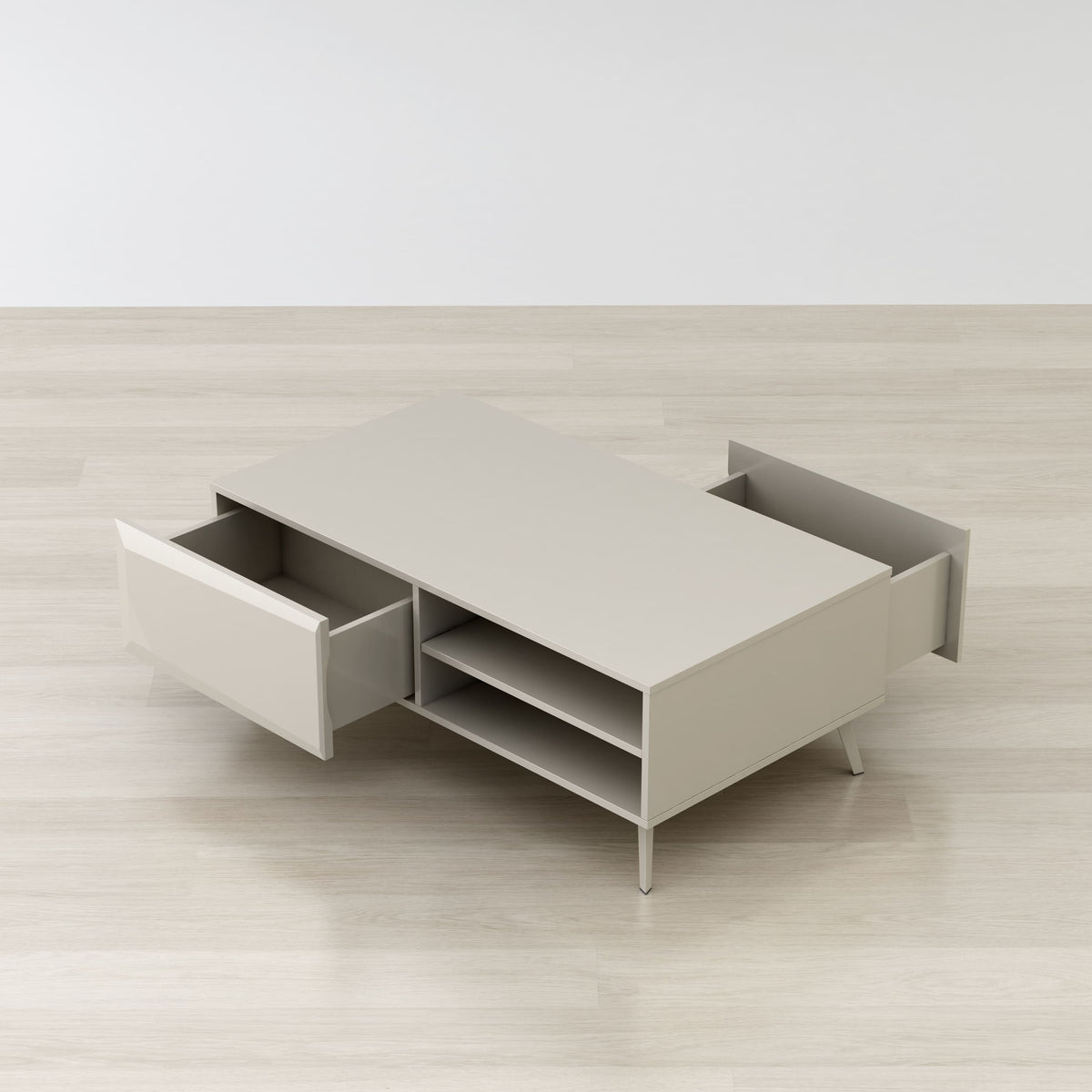 Beige TV stand with open drawer on a light wooden floor