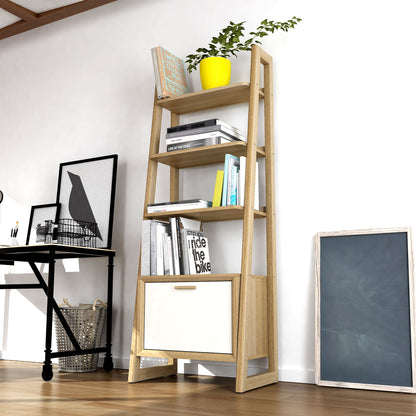 Wooden ladder bookshelf with books and a plant in a room with a white wall and wooden floor.