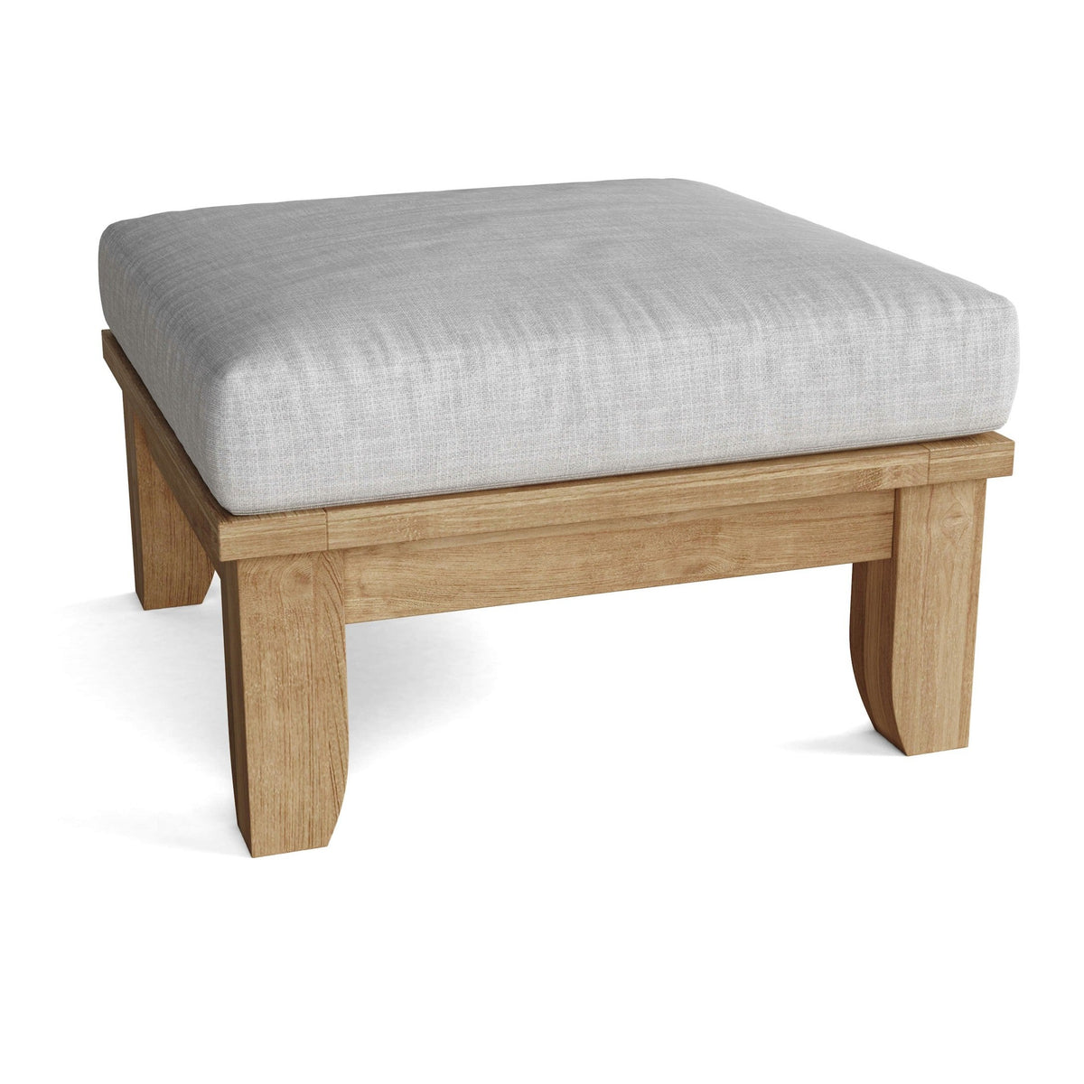 Wooden ottoman with a gray cushion on a white background
