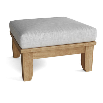 Wooden ottoman with a gray cushion on a white background
