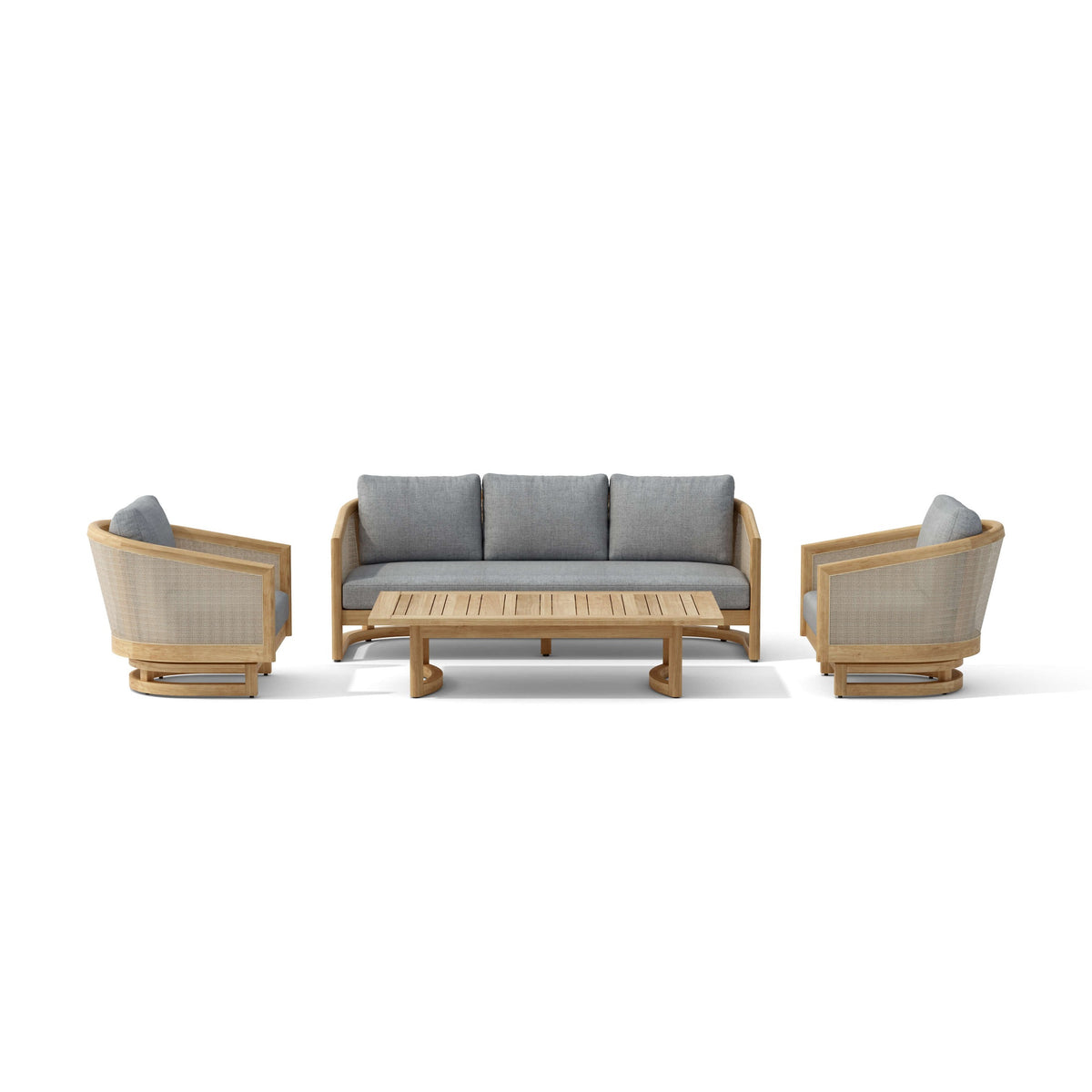 Outdoor furniture set with sofa, chairs, and coffee table on a white background