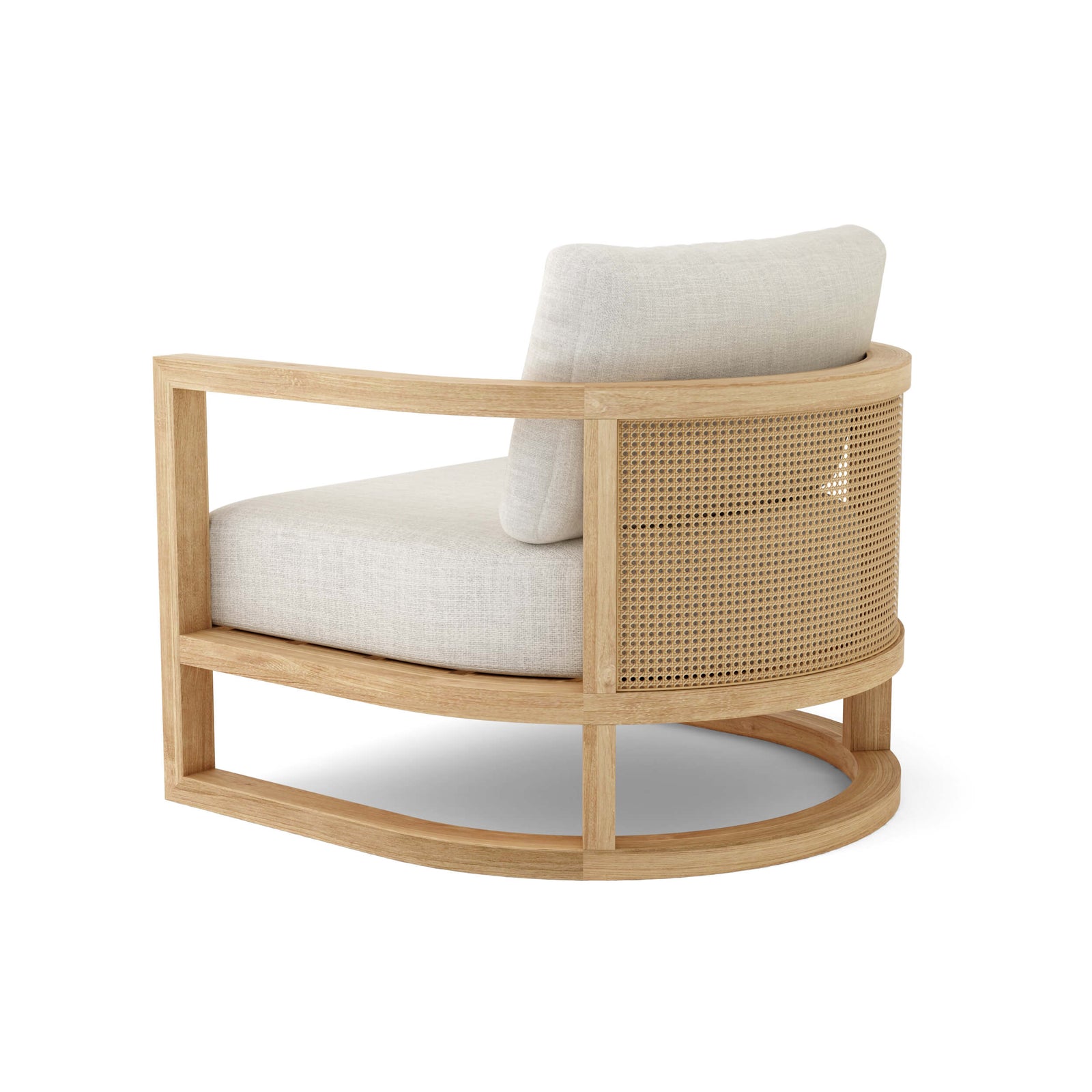 Wooden armchair with woven backrest and white cushions on a white background