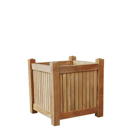 Wooden planter box with slatted design on a white background