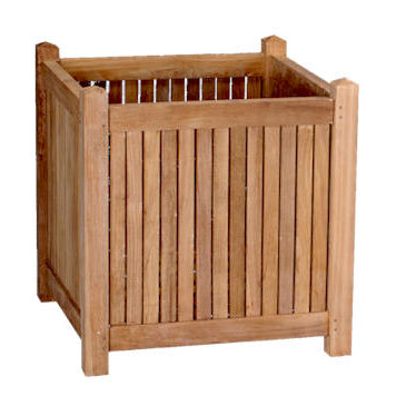 Wooden planter box with slatted design on a white background