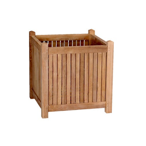 Wooden planter box with slatted design on a white background