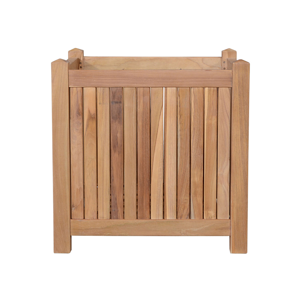 Wooden planter box with slatted design on a white background
