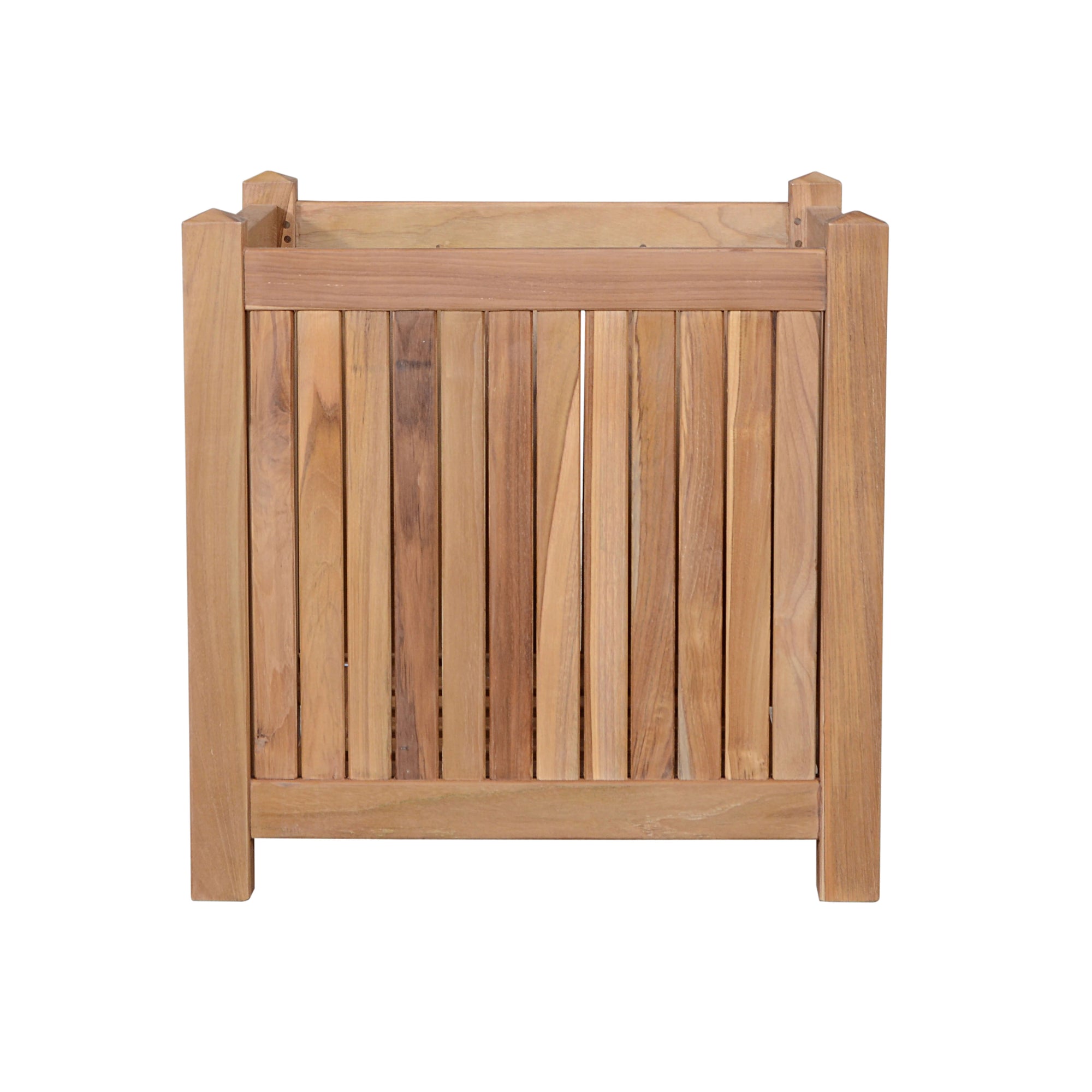 Wooden planter box with slatted design on a white background