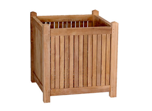 Wooden planter box with slatted design on a white background