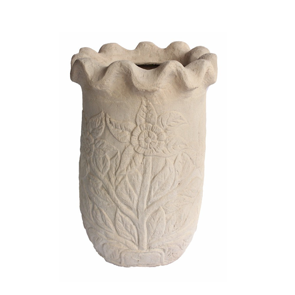 Decorative stone vase with floral patterns on a white background